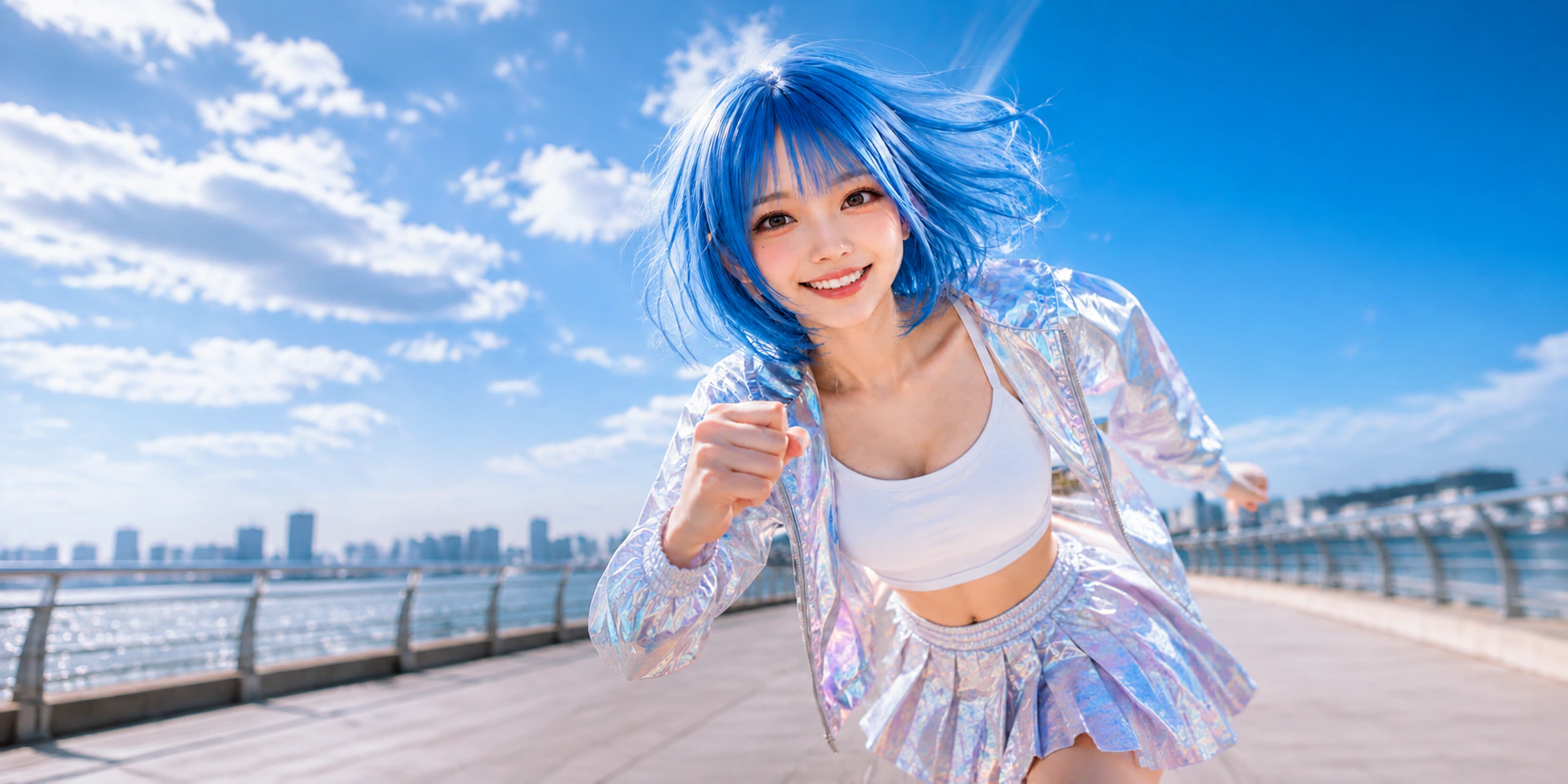 青空の水辺で、笑顔で身を乗り出す響 / HiBiKi